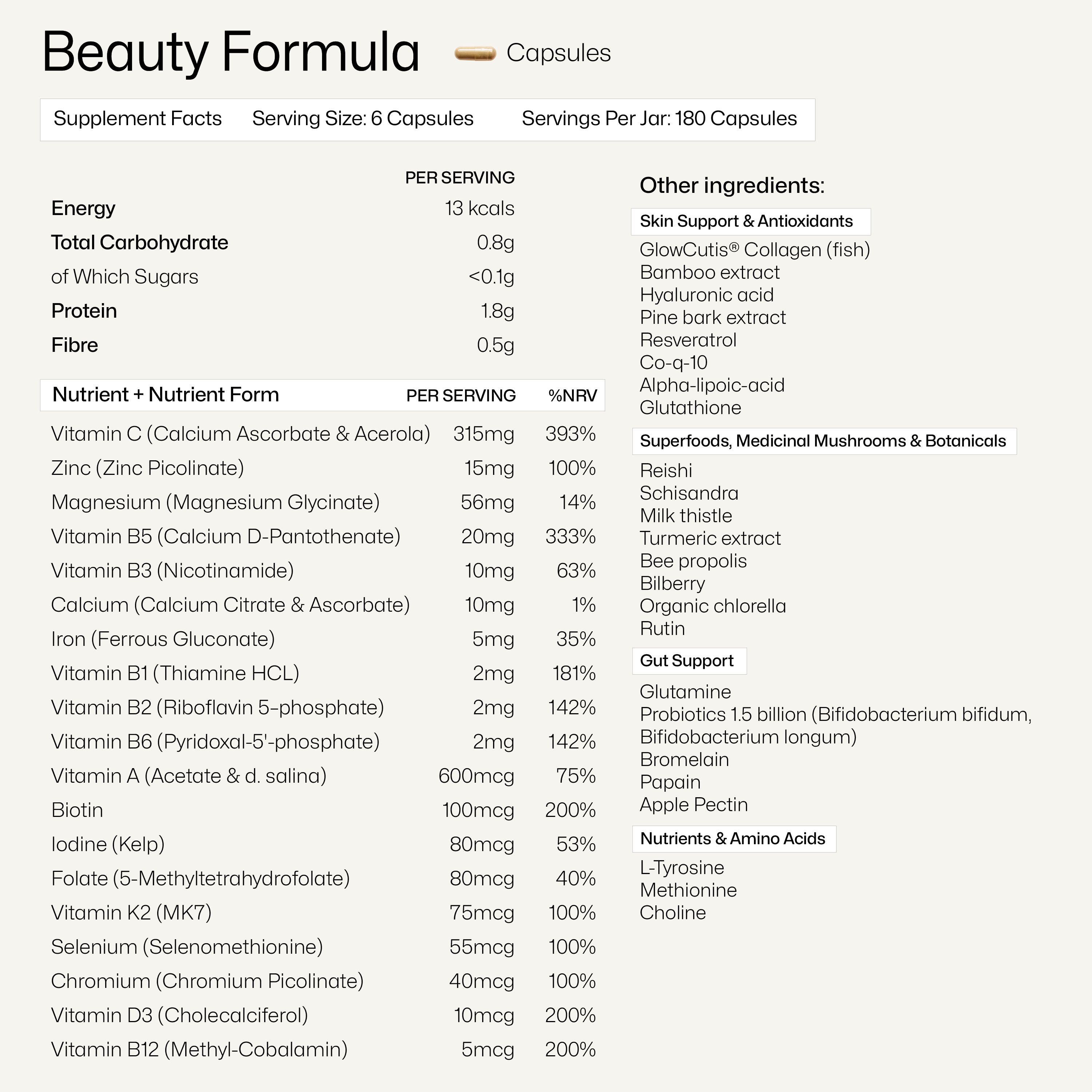 Equi Beauty Formula Capsules nutrition facts and supplement label including ingredients, vitamins, minerals, and superfoods