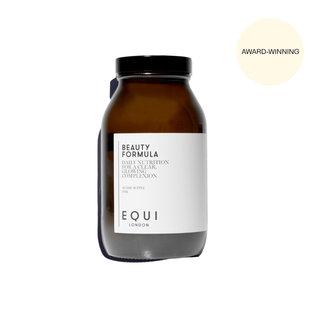 Equi Beauty Formula award-winning skin supplement bottle on white background