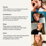 Customer reviews of Equi Beauty Formula highlighting skin clarity, glow, confidence, and calm with user images holding product