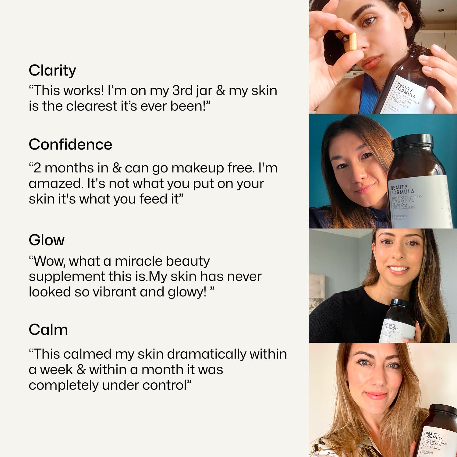 Customer reviews of Equi Beauty Formula highlighting skin clarity, glow, confidence, and calm with user images holding product
