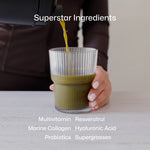 Equi Beauty Formula powder drink being poured into glass with superstar ingredients like collagen and probiotics