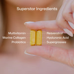 Equi Beauty Formula capsules showing ingredients like collagen, probiotics, and resveratrol