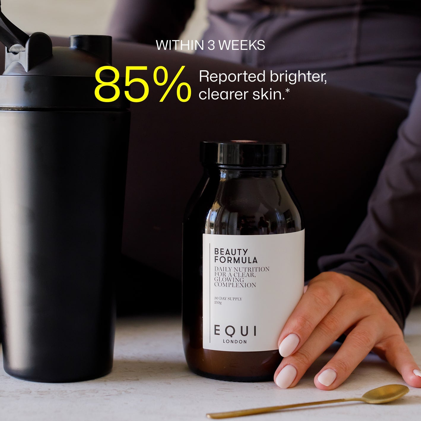 Equi Beauty Formula bottle with black shaker and spoon, text overlay '85% reported brighter, clearer skin within 3 weeks'