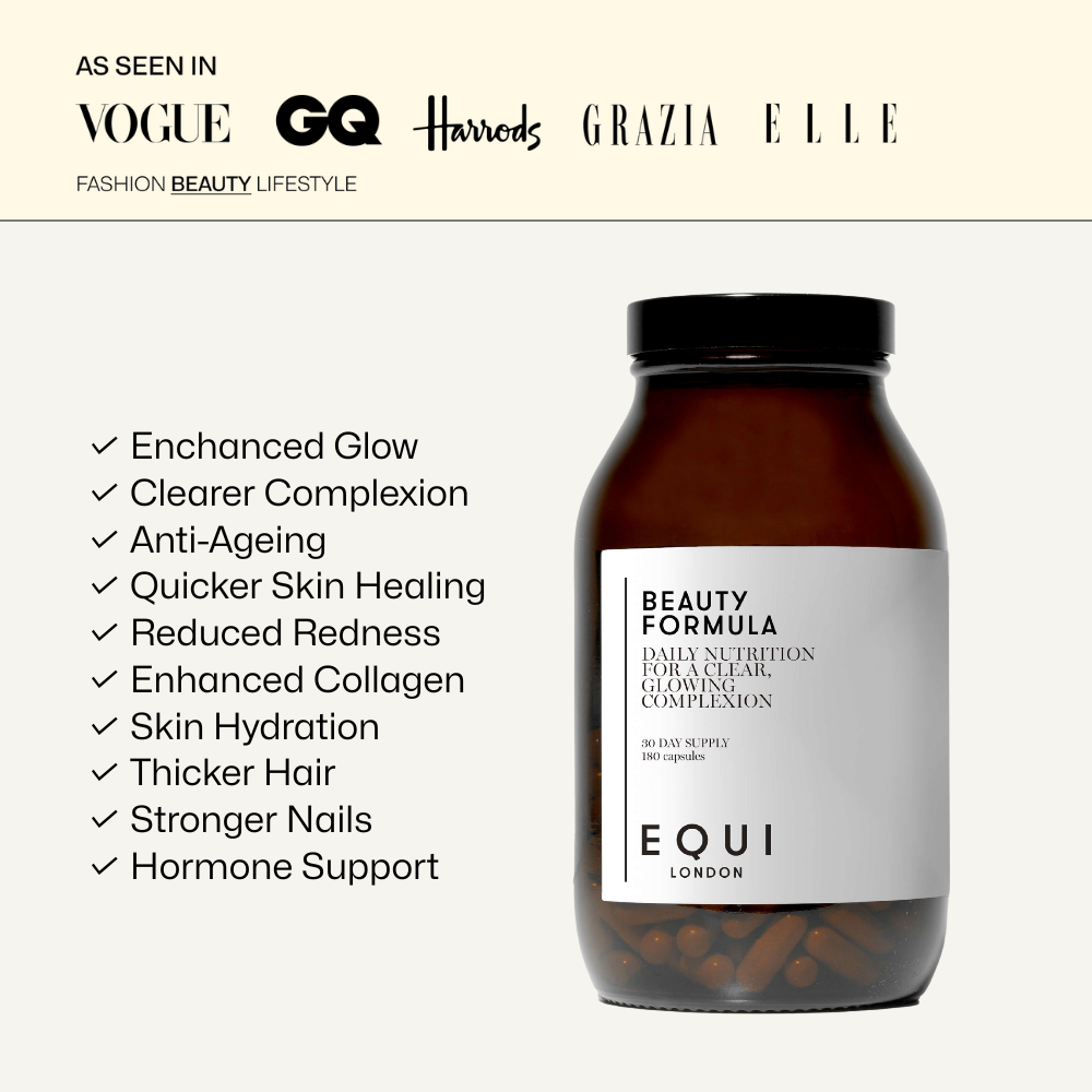Equi Beauty Formula supplement bottle with benefits including clearer complexion, anti-ageing, collagen support, skin hydration, and hormone balance