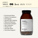 Equi Beauty Formula supplement bottle with benefits including clearer complexion, anti-ageing, collagen support, skin hydration, and hormone balance