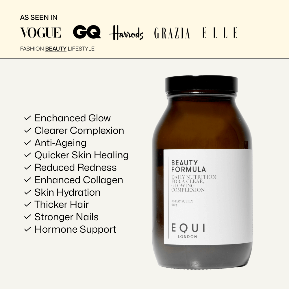 Equi Beauty Formula with list of skincare benefits including clearer complexion, collagen support
