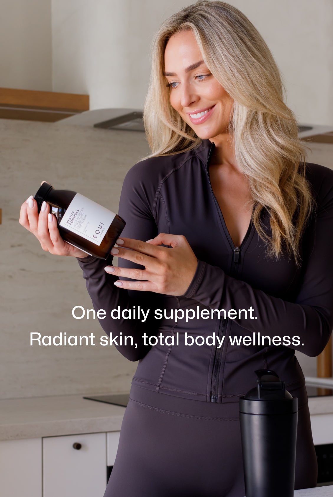 Woman holding Equi Beauty Formula supplement bottle with text ‘Radiant skin, total body wellness’ on screen.